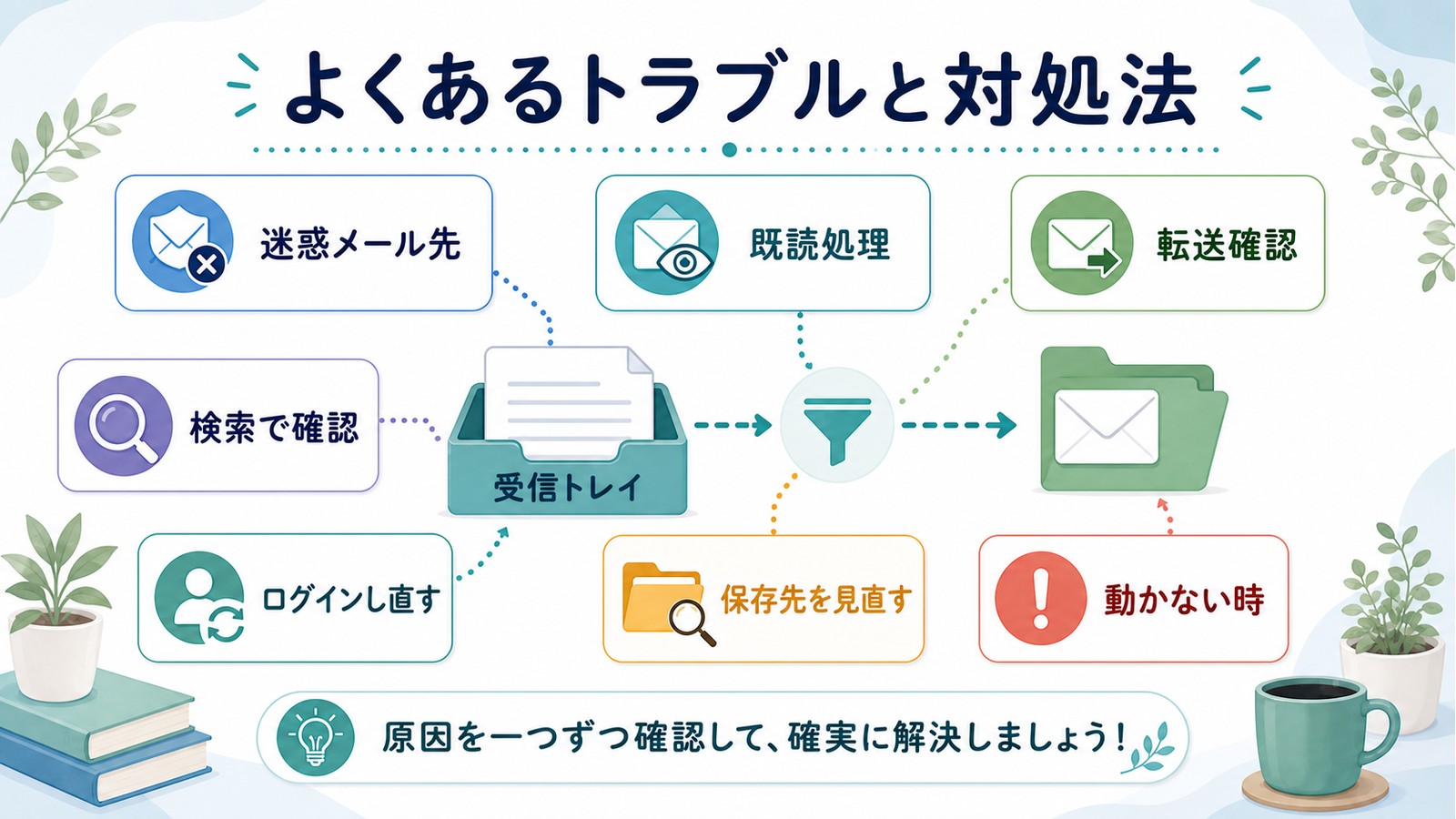 Outlook仕分けルールのトラブルで迷惑メール先既読処理転送確認検索で確認ログインし直す保存先を見直す図解