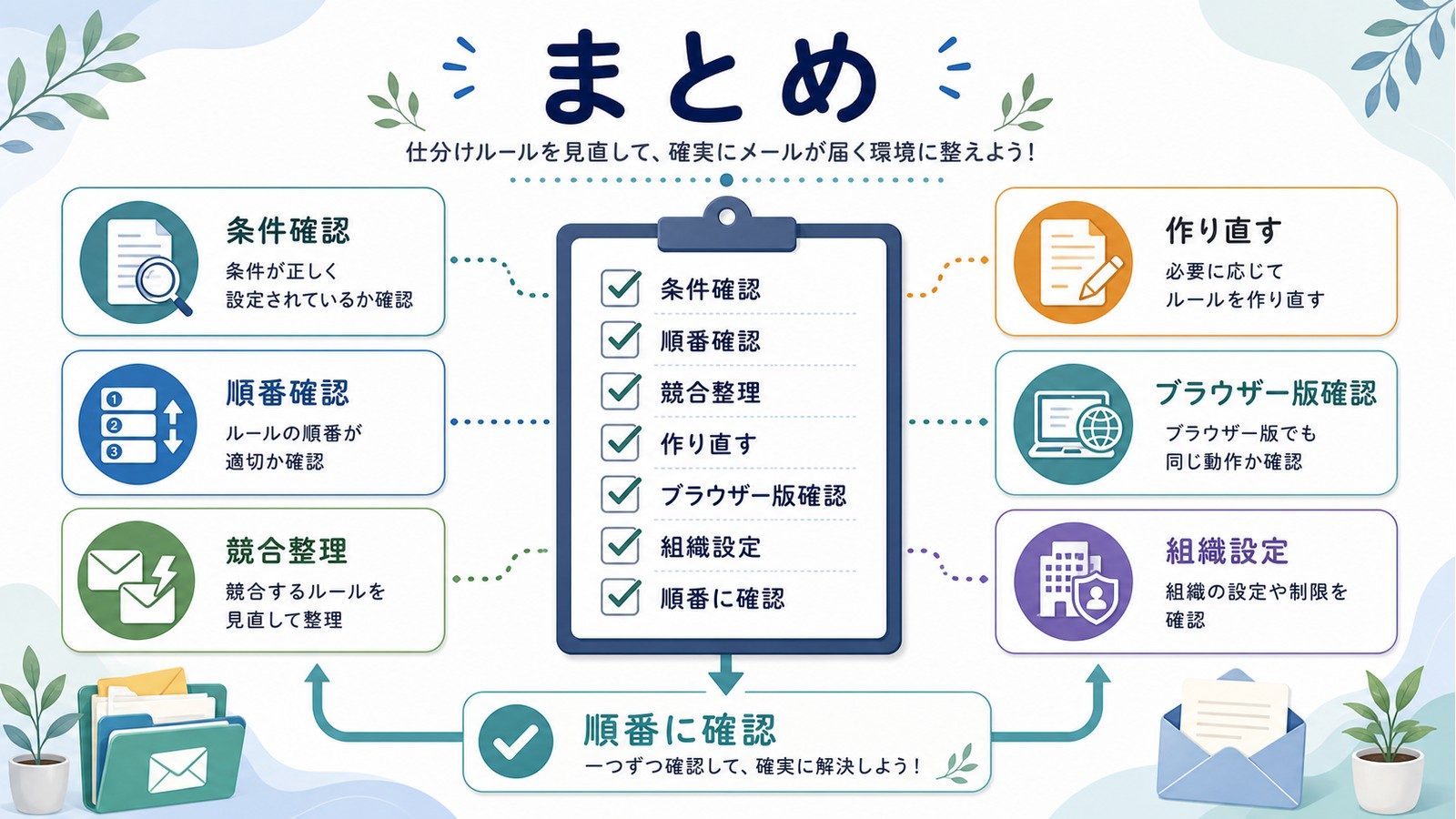 Outlook仕分けルールが動かない時に条件確認順番確認競合整理作り直すブラウザー版確認組織設定をまとめた図解
