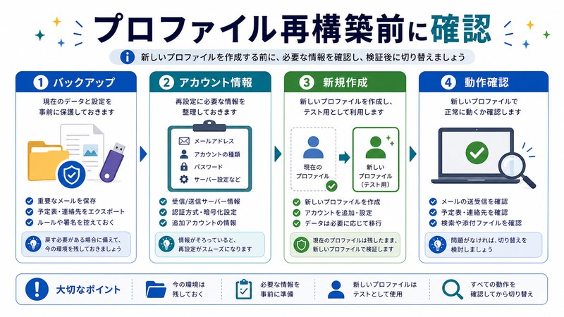 バックアップ、アカウント情報、新規作成、動作確認を整理した日本語図解