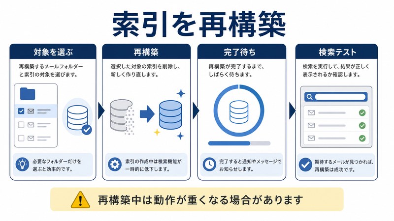 対象選択、再構築、完了待ち、検索テストを整理した日本語図解