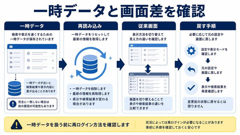 一時データ、再読み込み、従来画面、戻す手順を整理した日本語図解