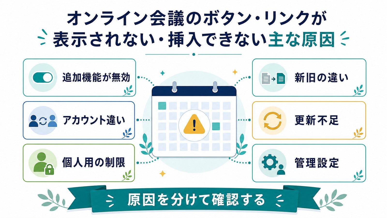 Teams会議ボタンが表示されない原因として追加機能無効アカウント違い個人用制限新旧違い更新不足管理設定を整理した図解
