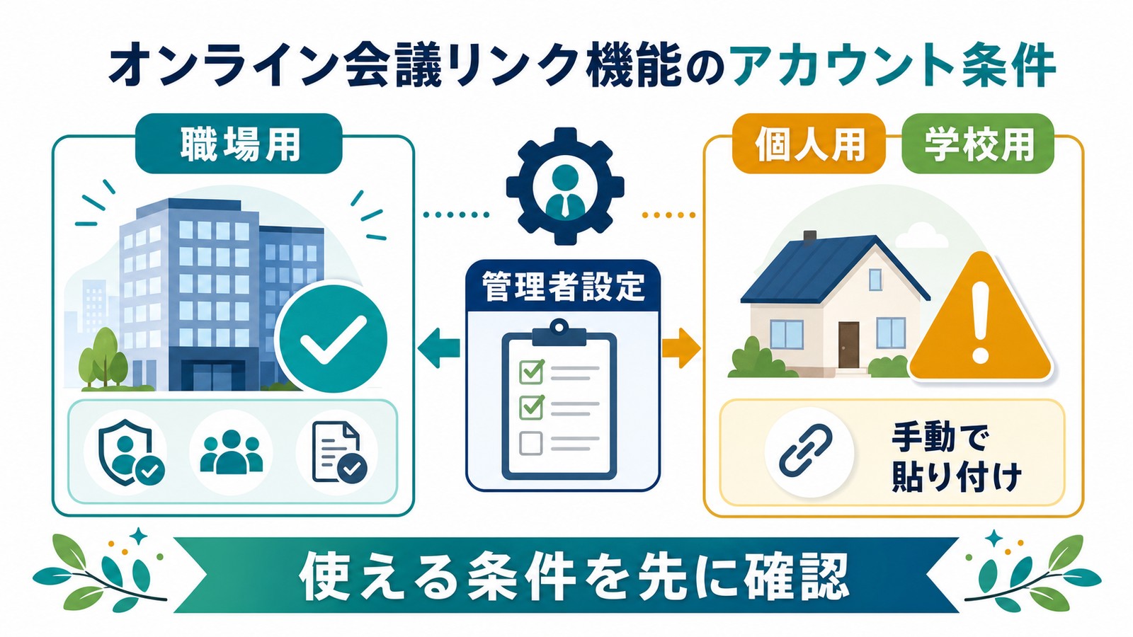 Teams会議リンク機能で職場用個人用学校用管理者設定手動貼り付けを確認する図解