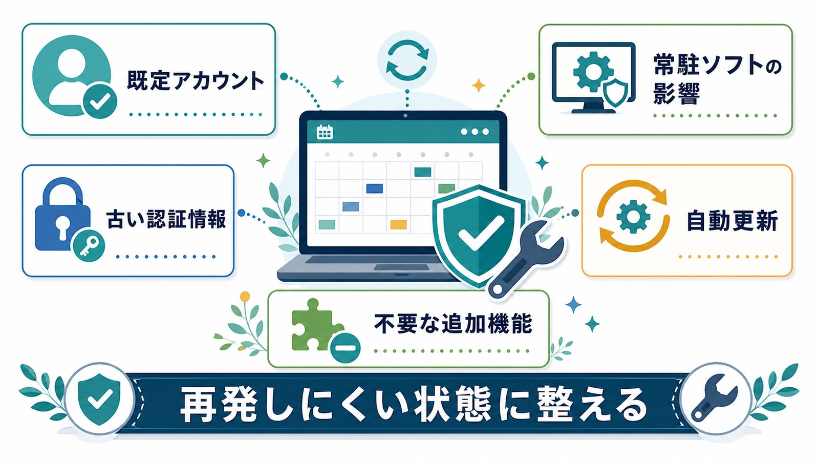 Teams会議リンクが再発する時に既定アカウント常駐ソフト古い認証情報自動更新不要な追加機能を確認する図解