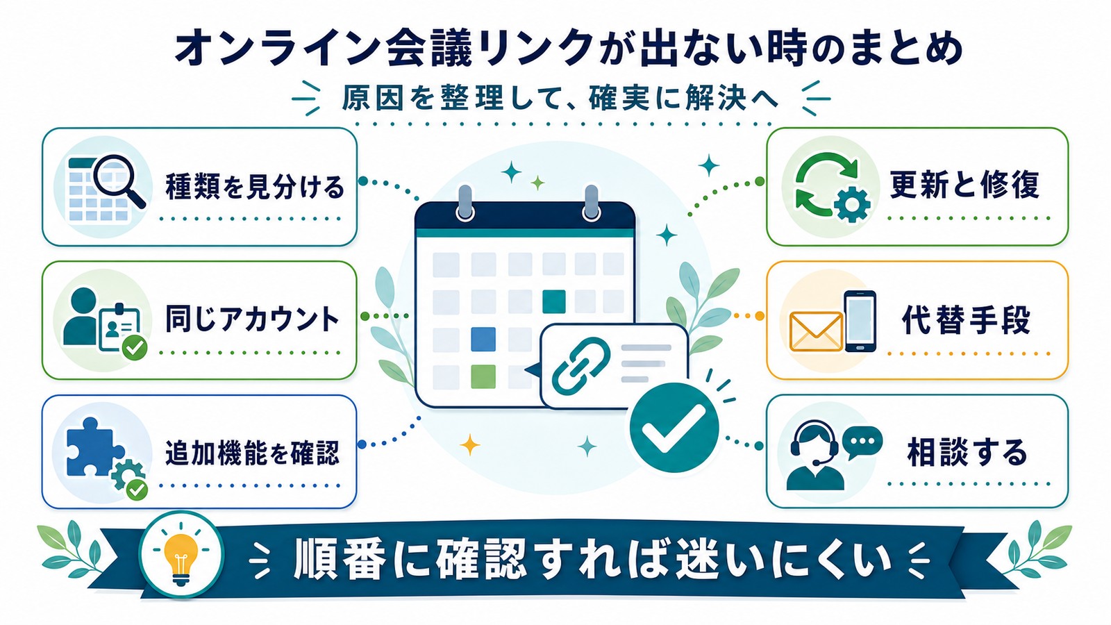 Teams会議リンクが出ない時に種類を見分け同じアカウント追加機能更新と修復代替手段相談を順に確認する図解