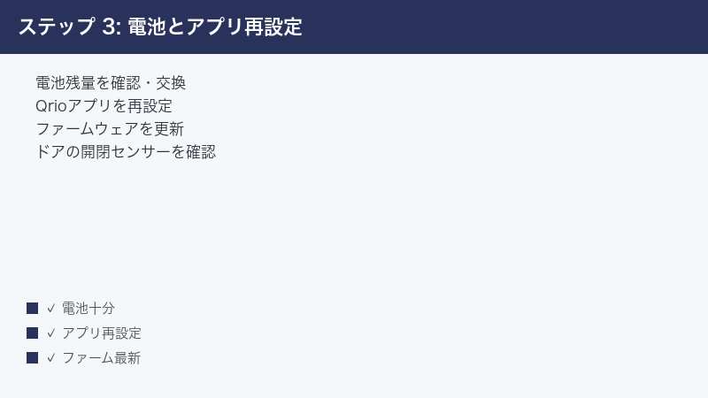 ステップ 3: 電池とアプリ再設定 — 電池残量を確認・交換・Qrioアプリを再設定・ファームウェアを更新