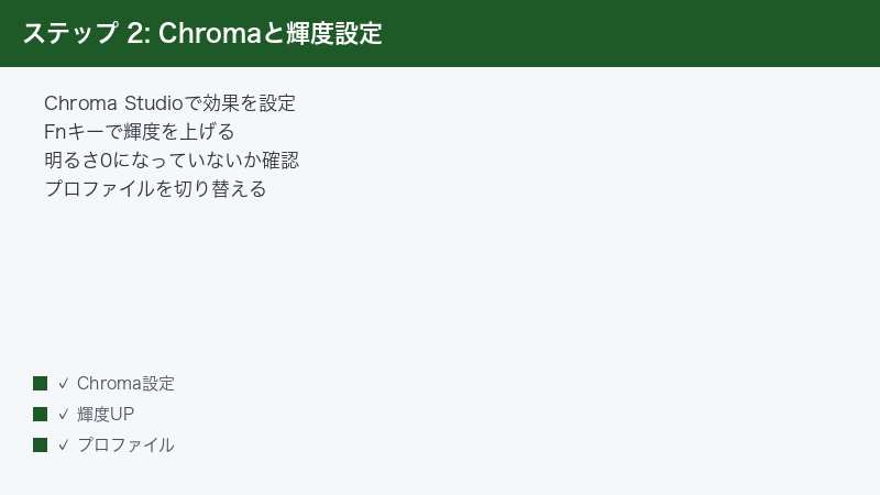 ステップ 2: Chromaと輝度設定 — Chroma Studioで効果を設定・Fnキーで輝度を上げる・明るさ0になっていないか確認
