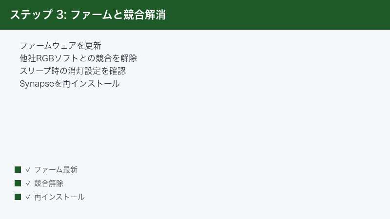 ステップ 3: ファームと競合解消 — ファームウェアを更新・他社RGBソフトとの競合を解除・スリープ時の消灯設定を確認