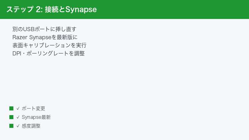 ステップ 2: 接続とSynapse — 別のUSBポートに挿し直す・Razer Synapseを最新版に・表面キャリブレーションを実行