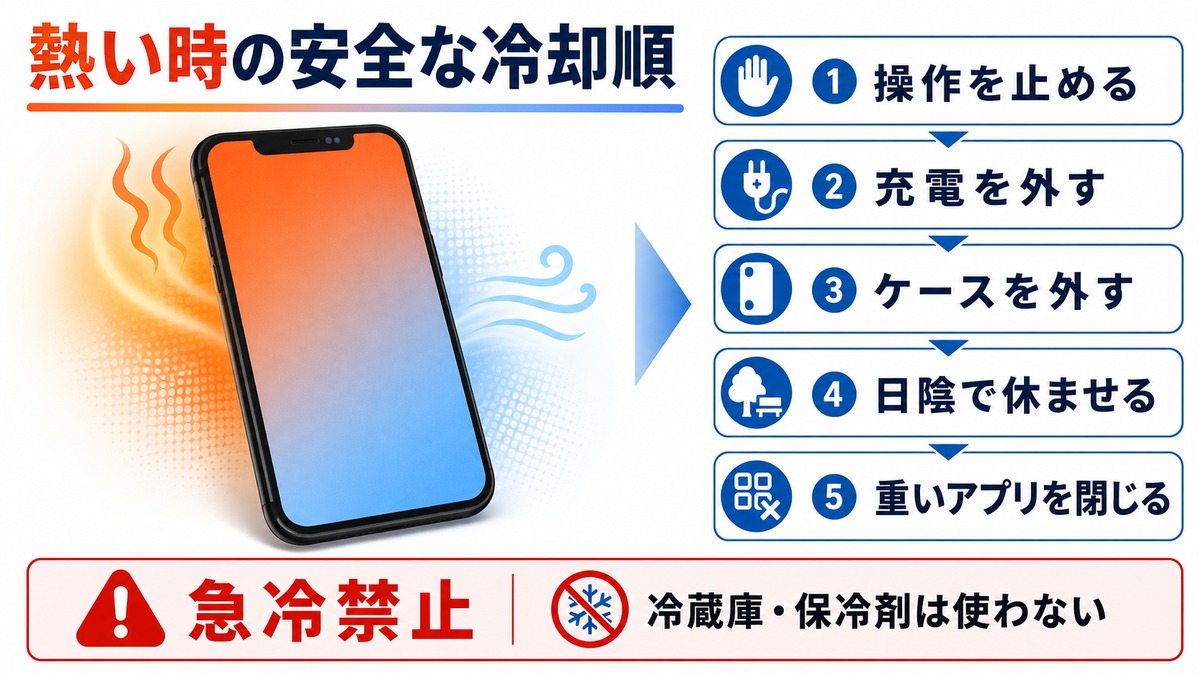スマホが熱い時に安全に冷ます手順を示した図解
