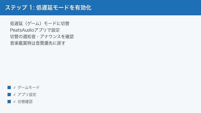 ステップ 1: 低遅延モードを有効化 — 低遅延(ゲーム)モードに切替・PeatsAudioアプリで設定・切替の通知音・アナウンスを確認