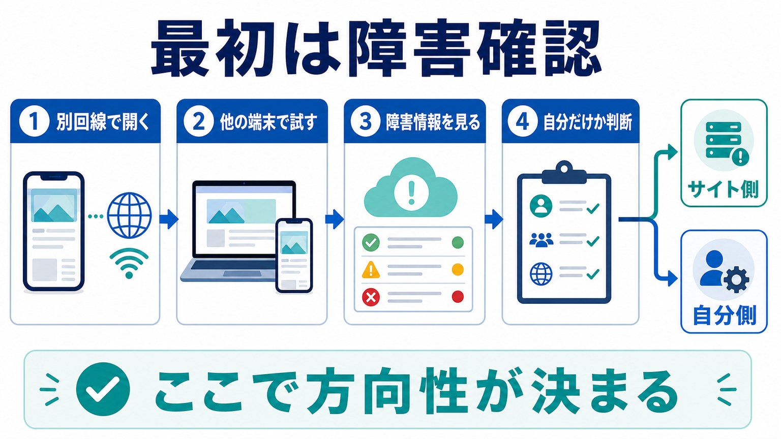 特定サイトが自分だけ開けないのか全体障害なのかを切り分ける確認順序