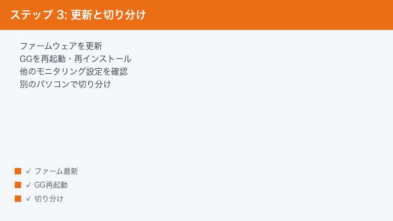ステップ 3: 更新と切り分け — ファームウェアを更新・GGを再起動・再インストール・他のモニタリング設定を確認