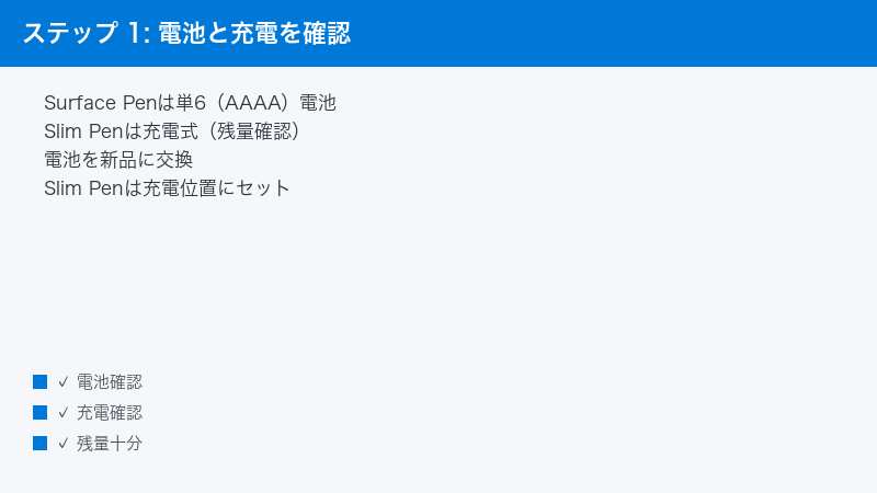 ステップ 1: 電池と充電を確認 — Surface Penは単6（AAAA）電池・Slim Penは充電式（残量確認）・電池を新品に交換