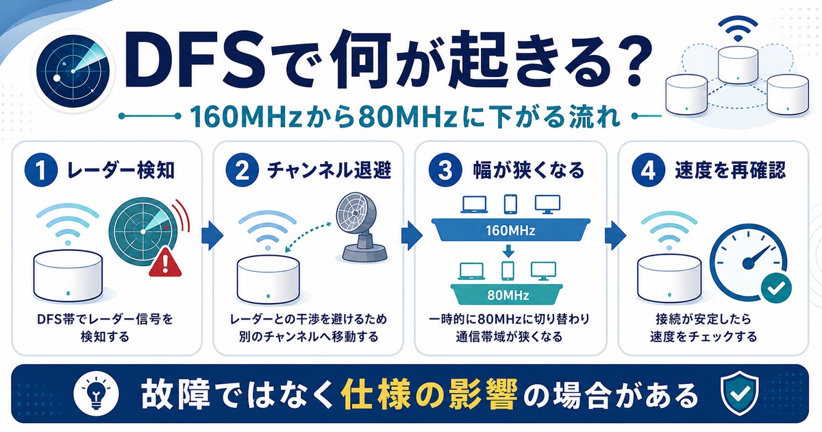 DFSでレーダー検知、チャンネル退避、チャンネル幅低下、速度再確認が起きる流れの図