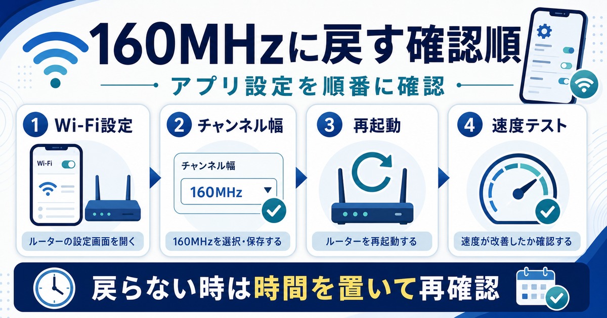 Wi-Fi設定、チャンネル幅、再起動、速度テストの順に160MHzへの復帰を確認する図