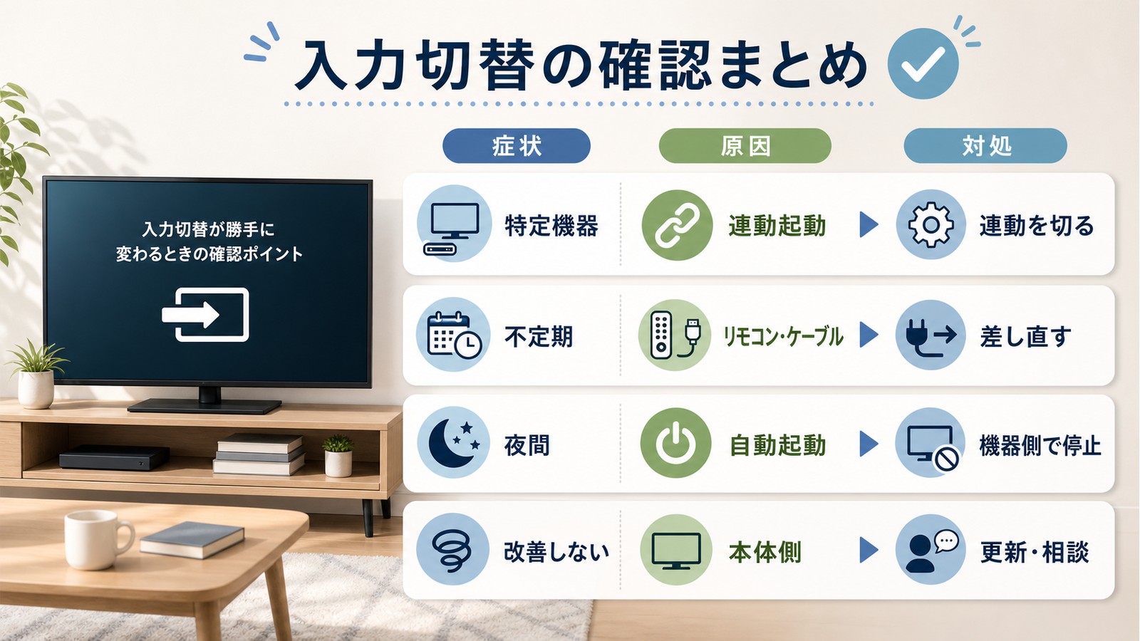 テレビの入力切替トラブルで症状原因対処を分けて連動起動リモコンケーブル自動起動本体更新を確認するまとめ図解