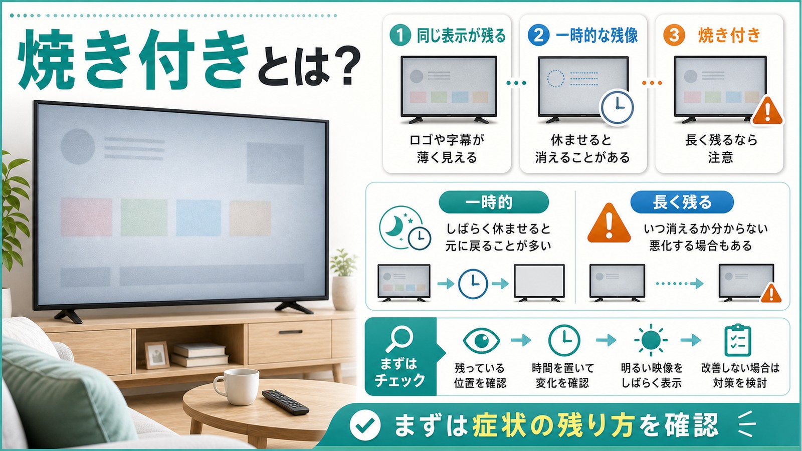テレビ画面の焼き付きとは何か一時的な残像と長く残る焼き付きの違いを確認する図解