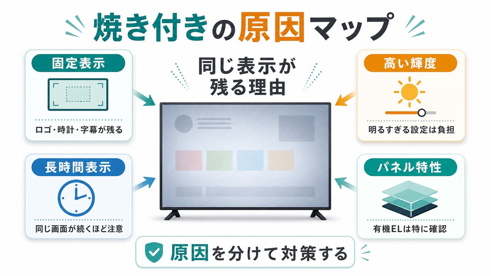 テレビ画面の焼き付きの原因を固定表示高い輝度長時間表示パネル特性に分けて確認する図解