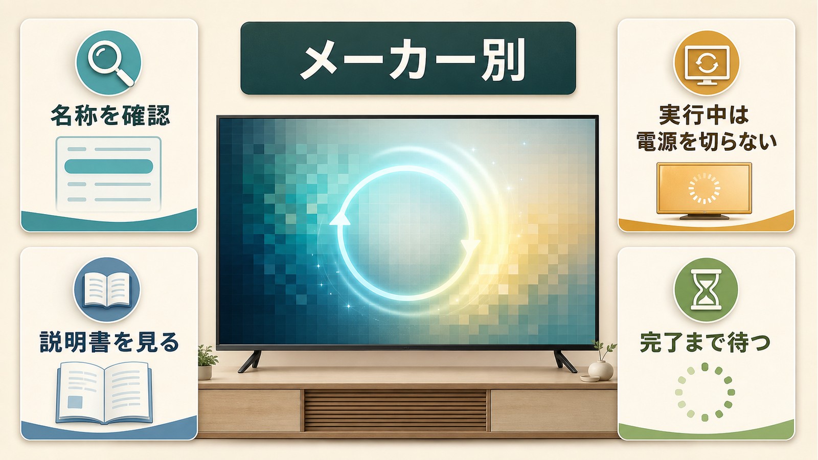 テレビの焼き付きでメーカー別に機能名説明書実行中の注意完了待ちを確認する図解