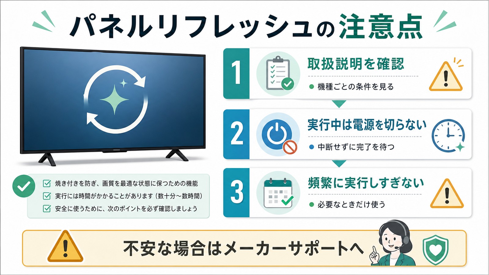 パネルリフレッシュの前に取扱説明を確認し実行中は電源を切らず頻繁に実行しすぎない注意点を整理した図解