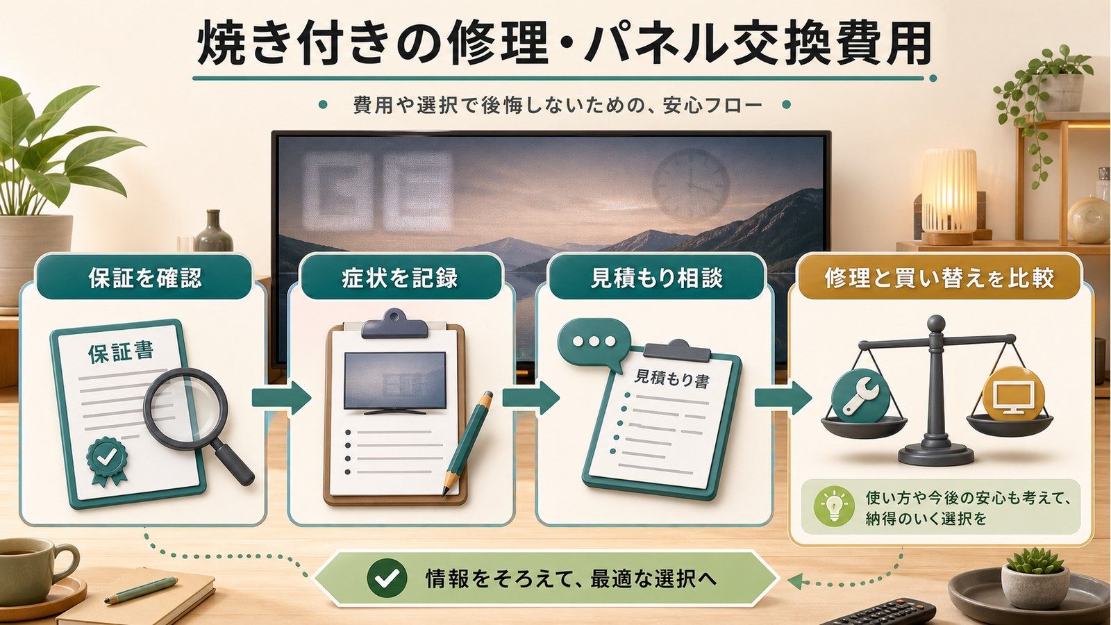 テレビの焼き付き修理で保証確認症状記録見積もり相談修理と買い替え比較を行う図解