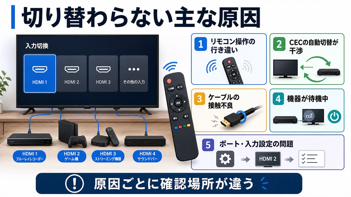 テレビのHDMI入力が切り替わらない主な原因を整理した日本語画像