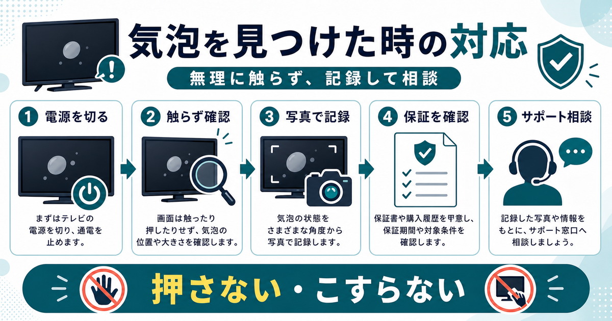 テレビ液晶に気泡を見つけた時に電源を切る、触らず確認、写真で記録、保証を確認、サポート相談の順に対応する図