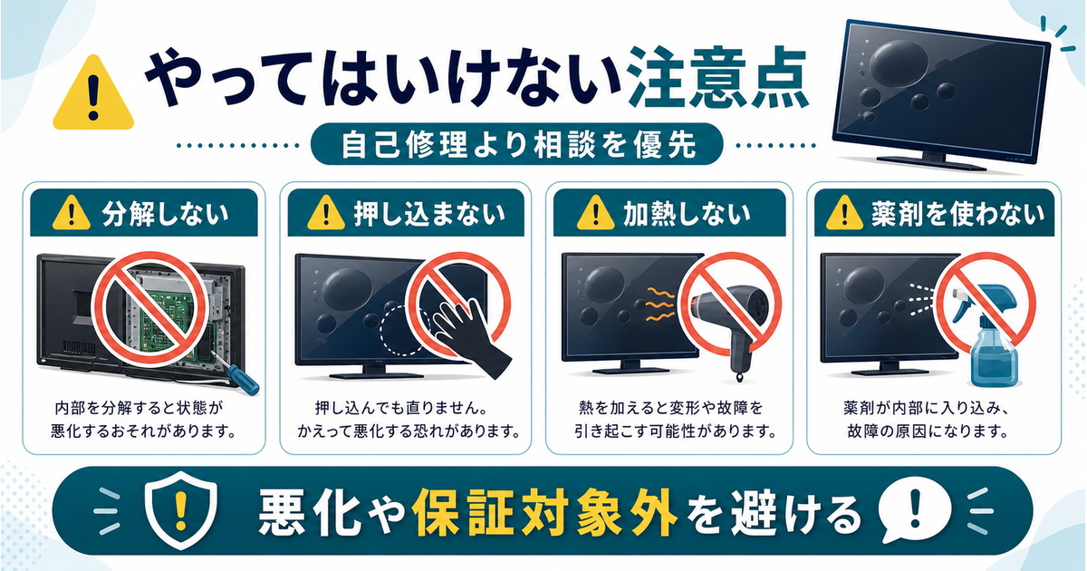 テレビ液晶の気泡で分解しない、押し込まない、加熱しない、薬剤を使わないという注意点を示した図