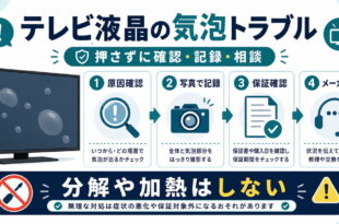 テレビ液晶に気泡が出た時に押さずに原因確認、写真記録、保証確認、メーカー相談を行う流れを示した図解
