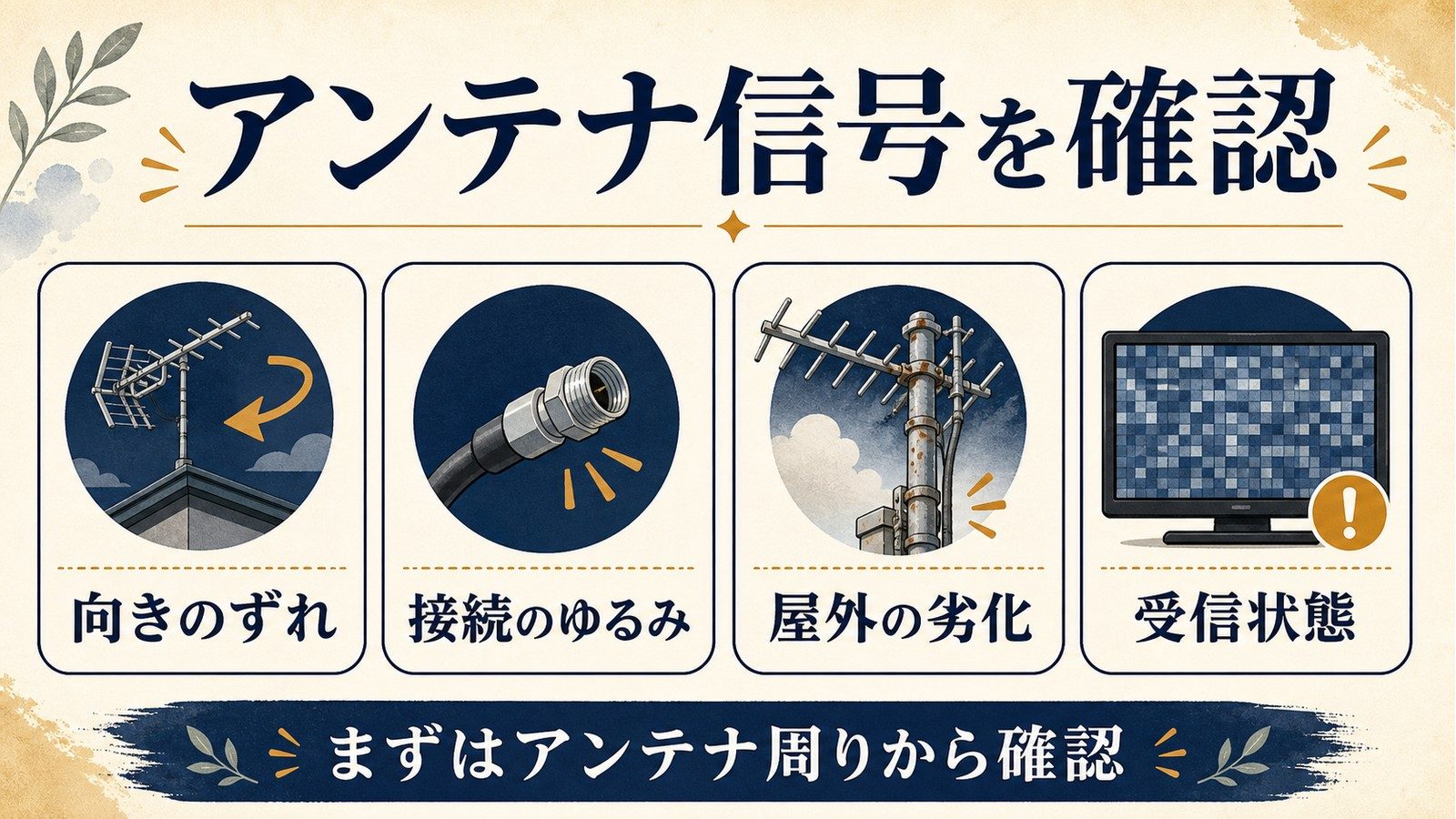 テレビ画面がモザイク状になる時にアンテナの向き接続のゆるみ屋外の劣化受信状態を確認する図解
