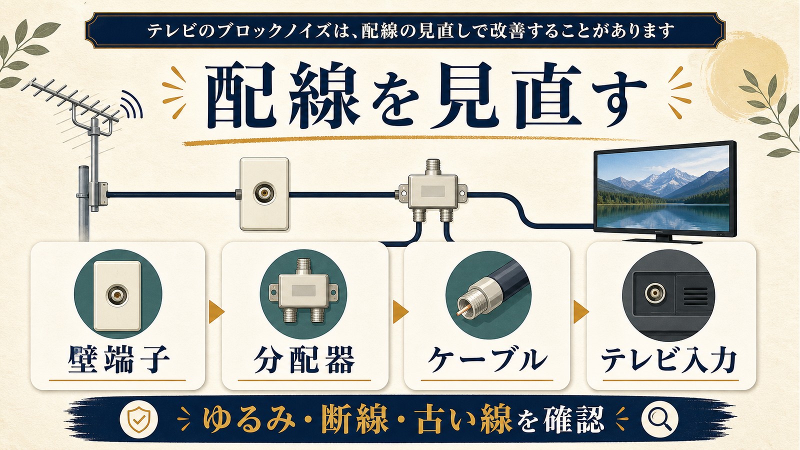 テレビ画面がモザイク状になる時に壁端子分配器ケーブルテレビ入力の配線を見直す図解