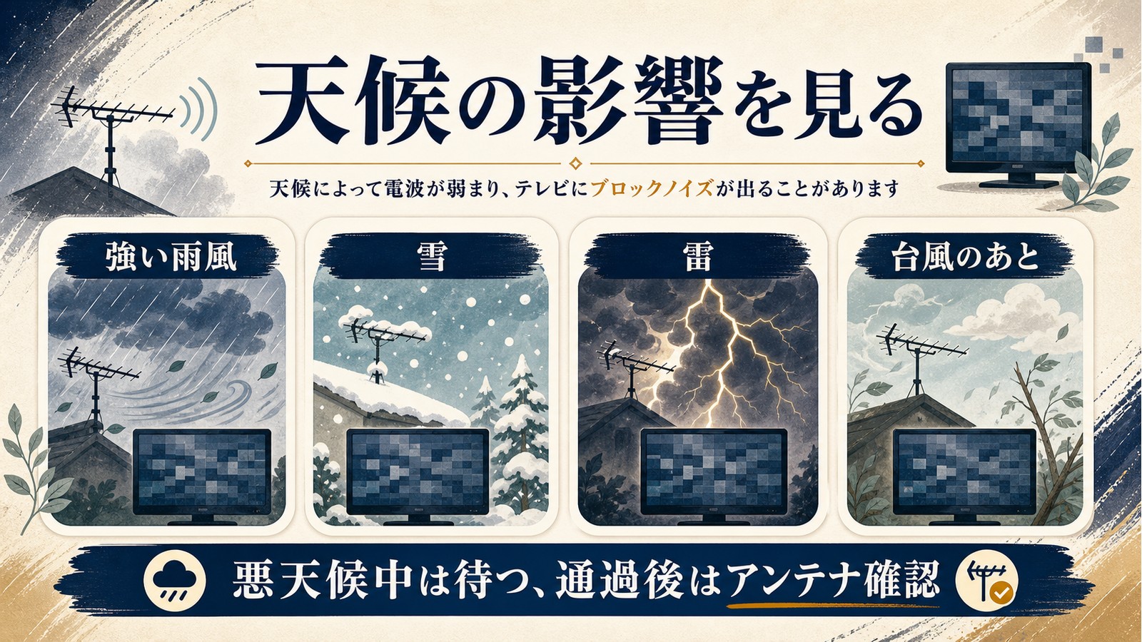 テレビ画面がモザイク状になる時に強い雨風雪雷台風のあとなど天候の影響を見る図解