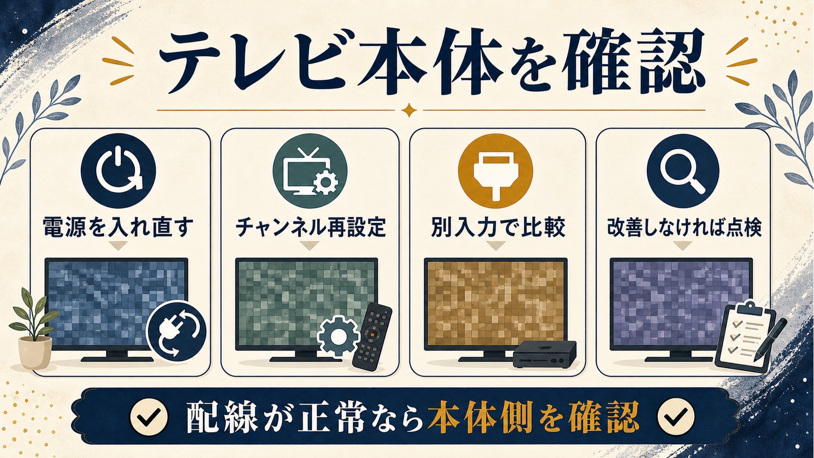 テレビ画面がモザイク状になる時に電源を入れ直すチャンネル再設定別入力で比較点検を確認する図解
