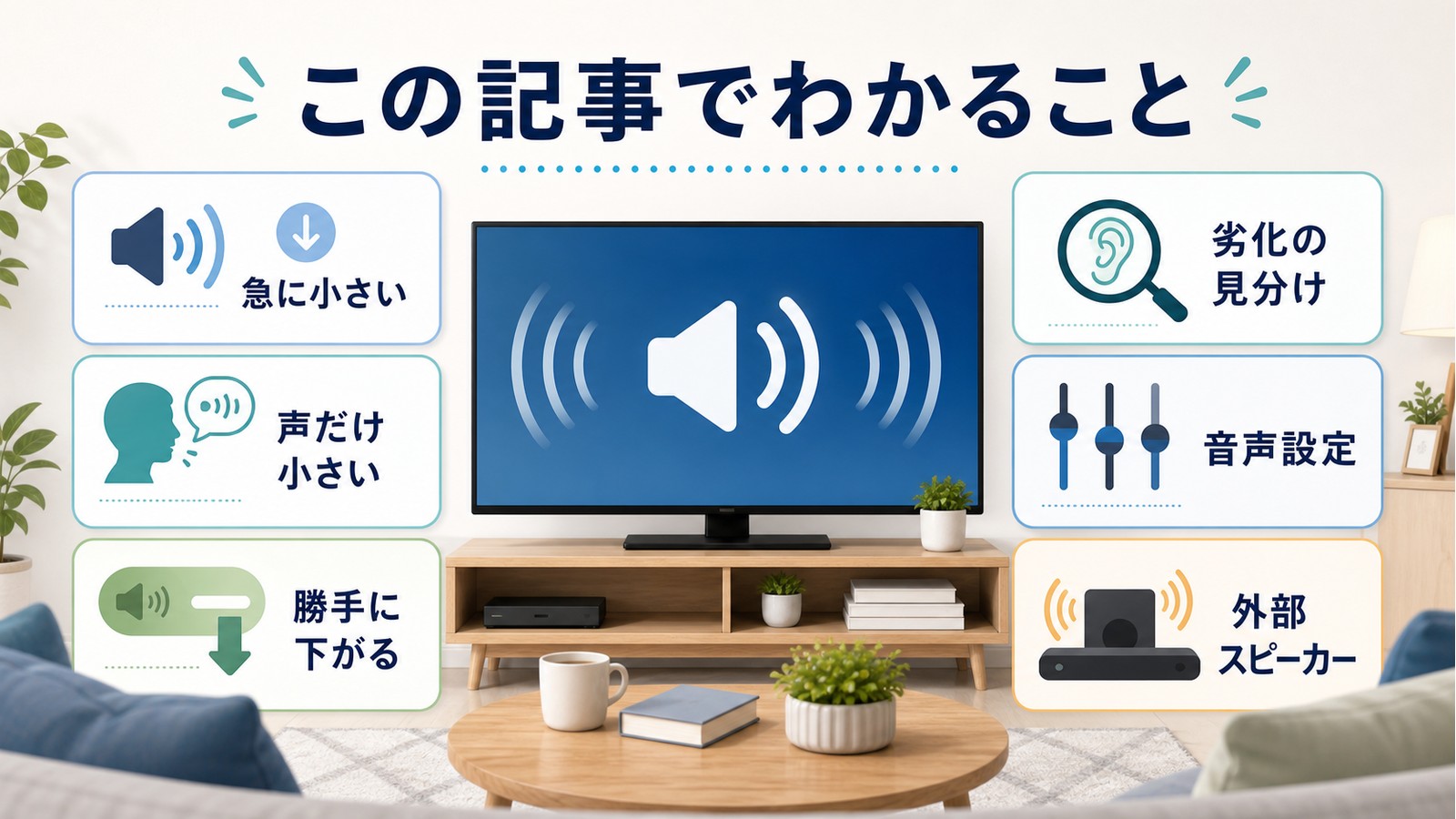 テレビの音量が小さい時に急に小さい声だけ小さい勝手に下がる劣化の見分け音声設定外部スピーカーを整理した図解