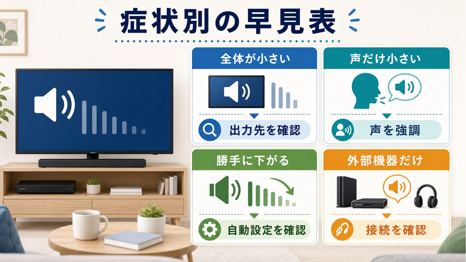 テレビの音量トラブルで全体が小さい声だけ小さい勝手に下がる外部機器だけの症状と確認先を整理した図解