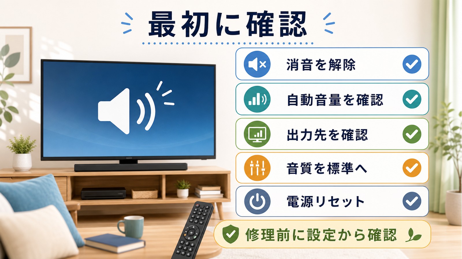 テレビの音量が急に小さくなった時に消音解除自動音量出力先音質標準電源リセットを確認する図解