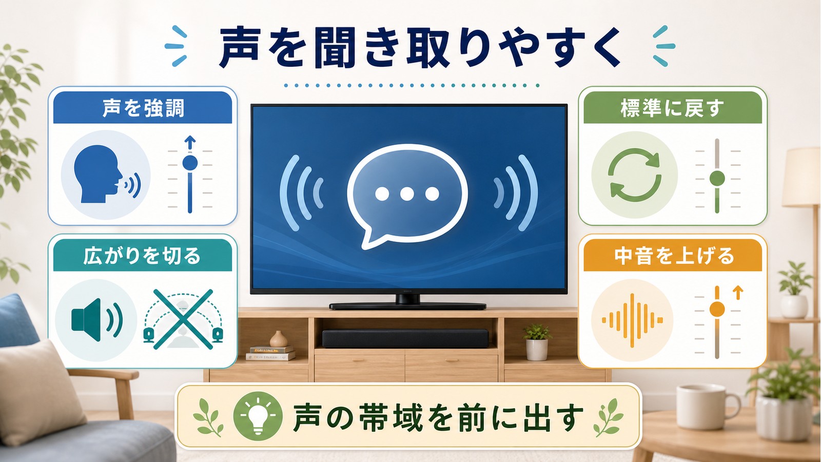 テレビで声だけ小さい時に声を強調し広がりを切り標準に戻し中音を上げる対処を整理した図解