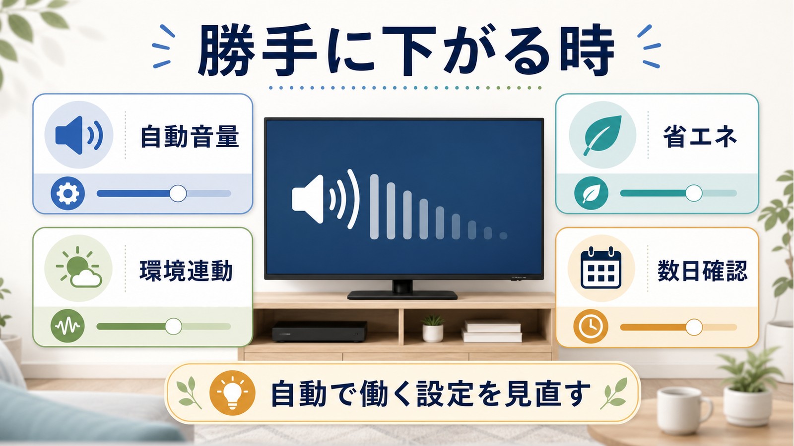 テレビの音量が勝手に下がる時に自動音量省エネ環境連動数日確認を見直す図解