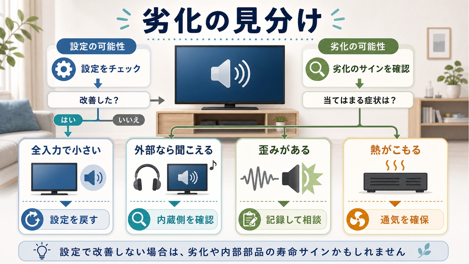 テレビの音量低下で全入力で小さい外部なら聞こえる歪みがある熱がこもる劣化サインを整理した図解