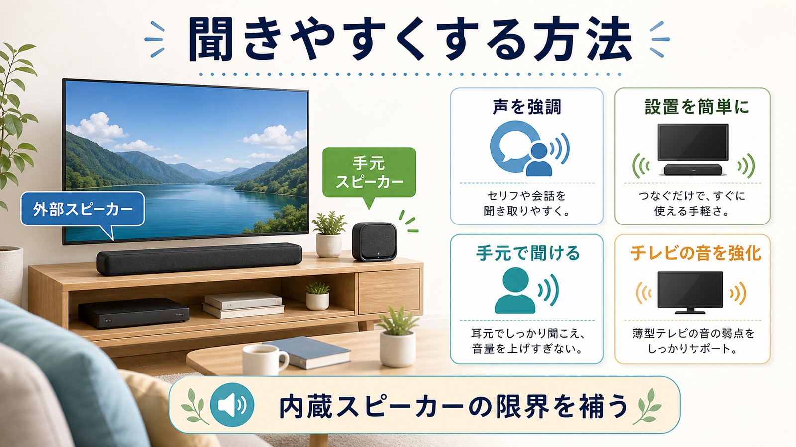 テレビの音を聞きやすくするために外部スピーカー手元スピーカー声の強調設置の簡単さを整理した図解