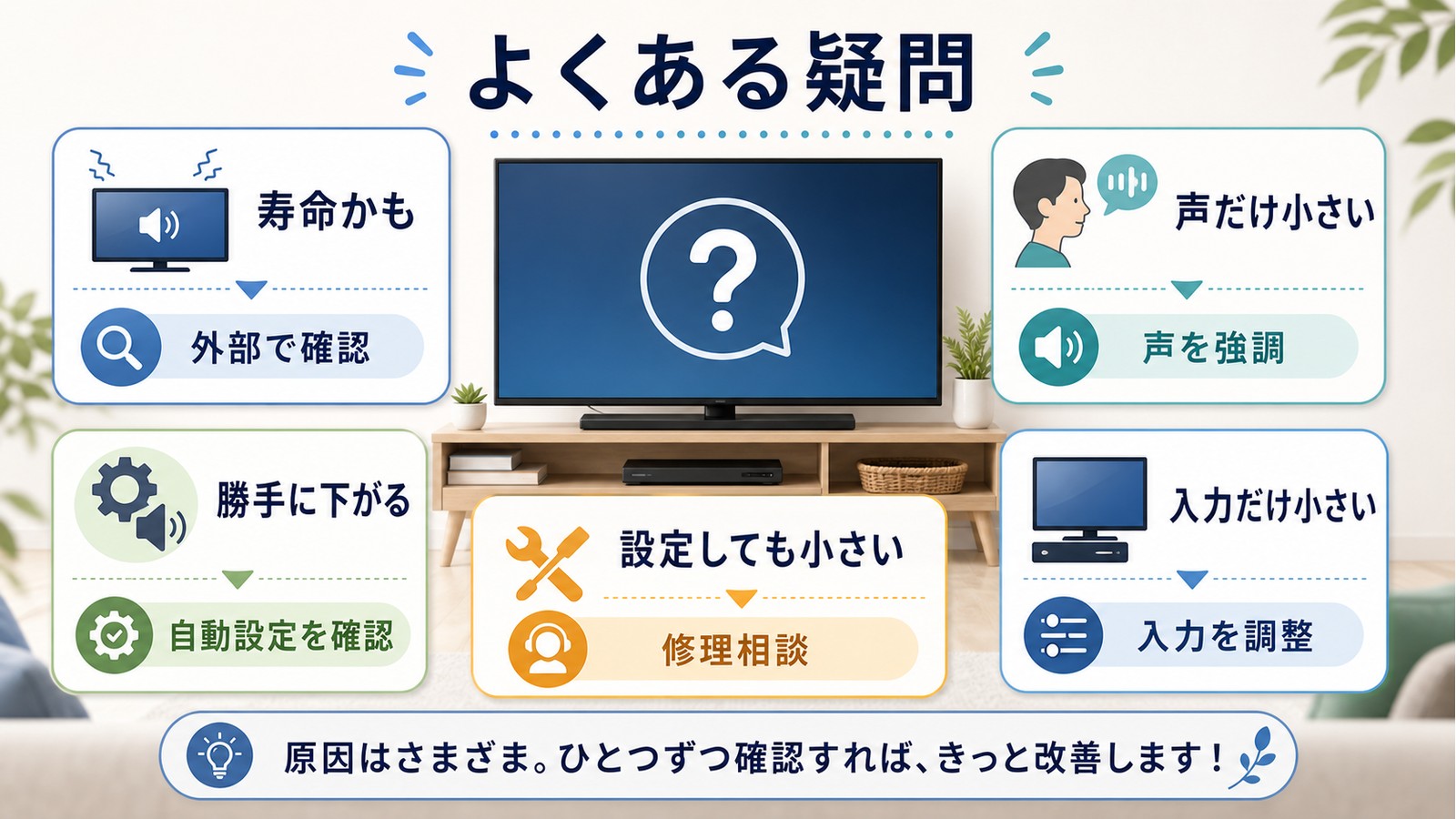 テレビ音量トラブルで寿命かも声だけ小さい勝手に下がる設定しても小さい入力だけ小さい疑問を整理した図解