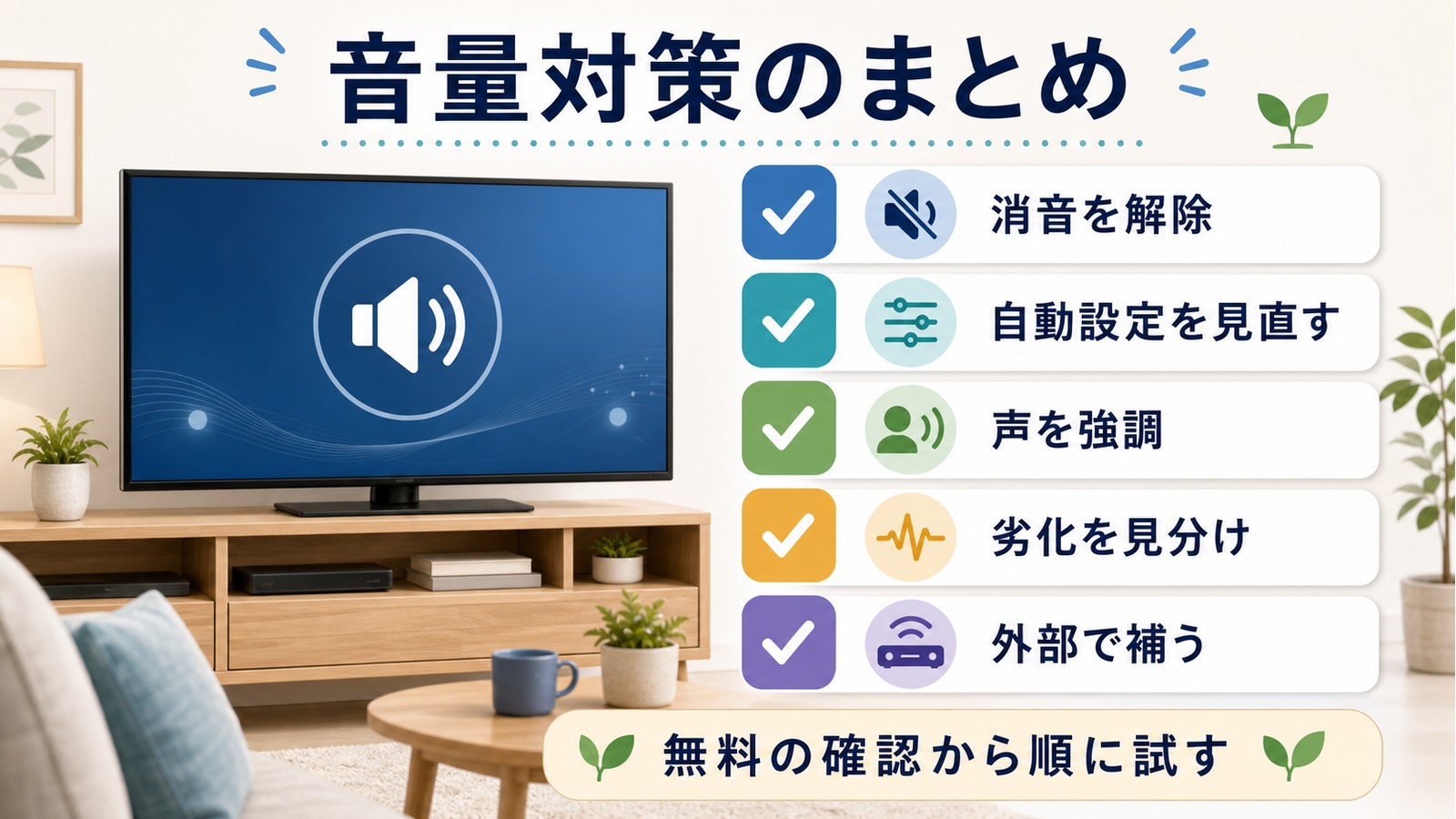 テレビ音量対策で消音解除自動設定見直し声の強調劣化の見分け外部で補う流れを整理した図解