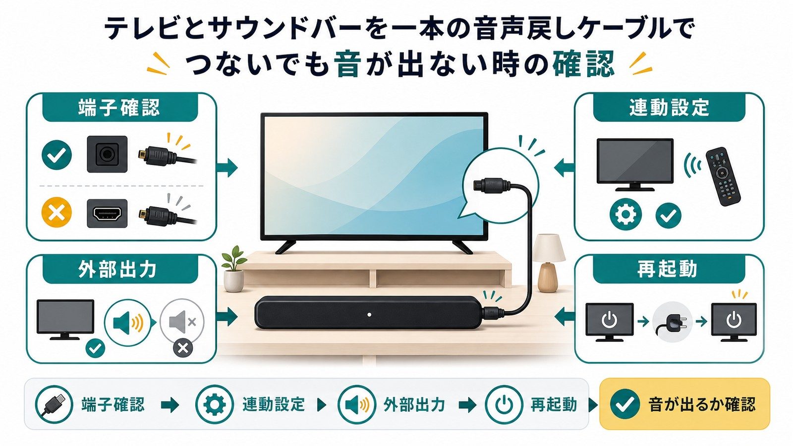 テレビとサウンドバーの音声戻し接続で端子確認連動設定外部出力再起動を確認する図解