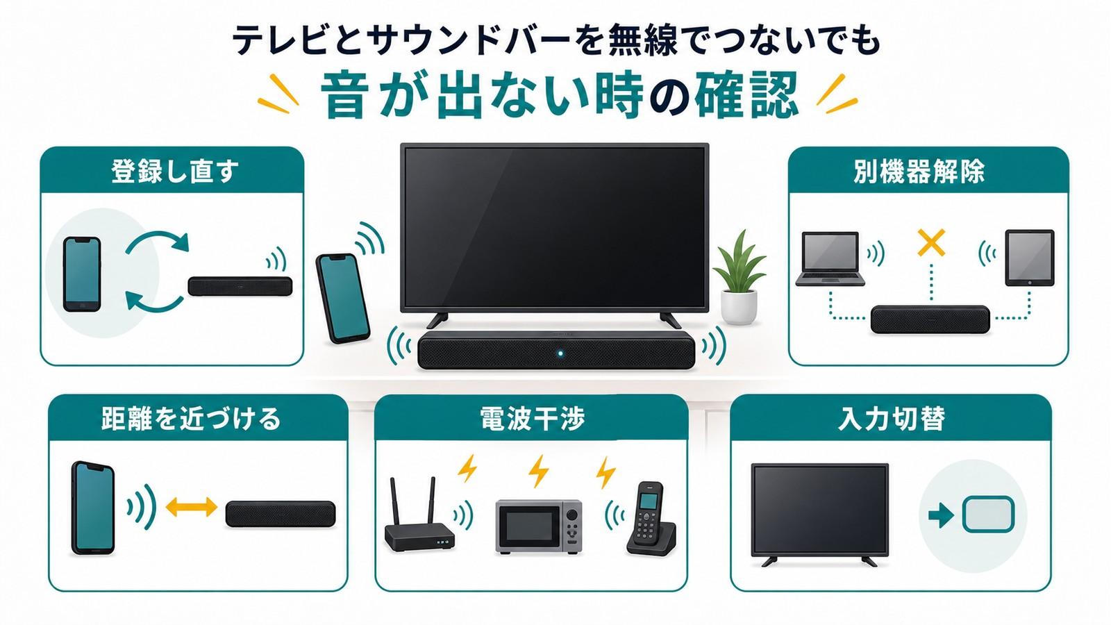 テレビとサウンドバーの無線接続で登録し直す別機器解除距離を近づける電波干渉入力切替を確認する図解