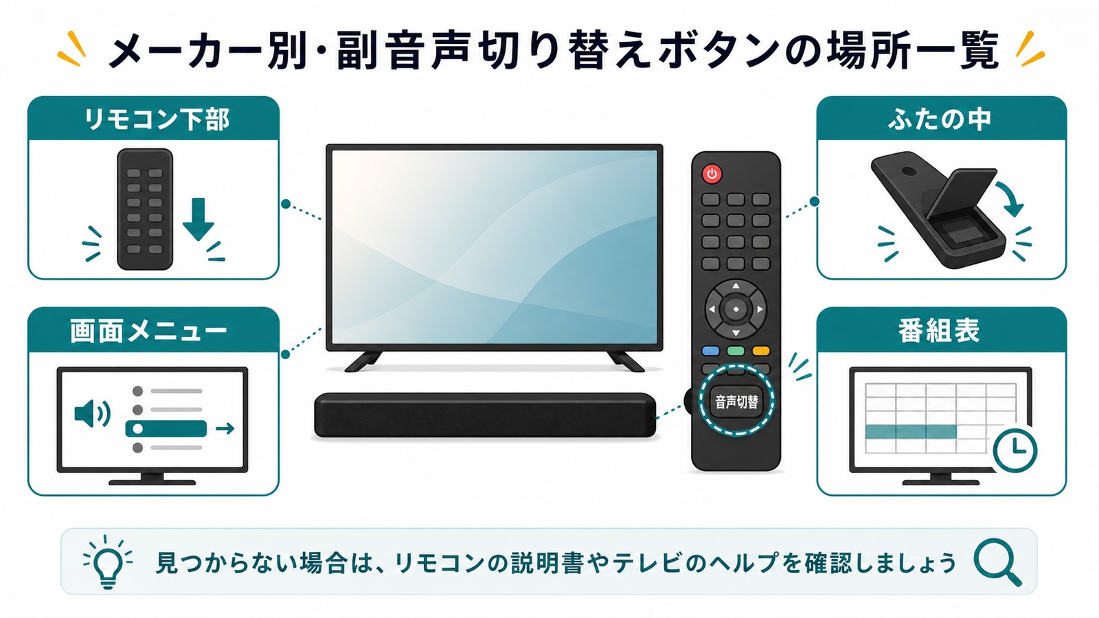 テレビの副音声切り替えボタンの場所としてリモコン下部ふたの中画面メニュー番組表を探す図解