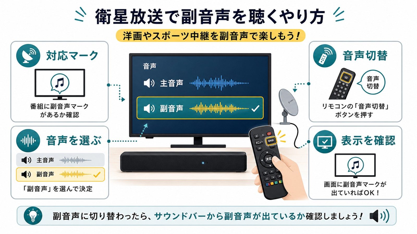 衛星放送で対応マーク音声切替音声を選ぶ表示を確認する流れを整理した図解