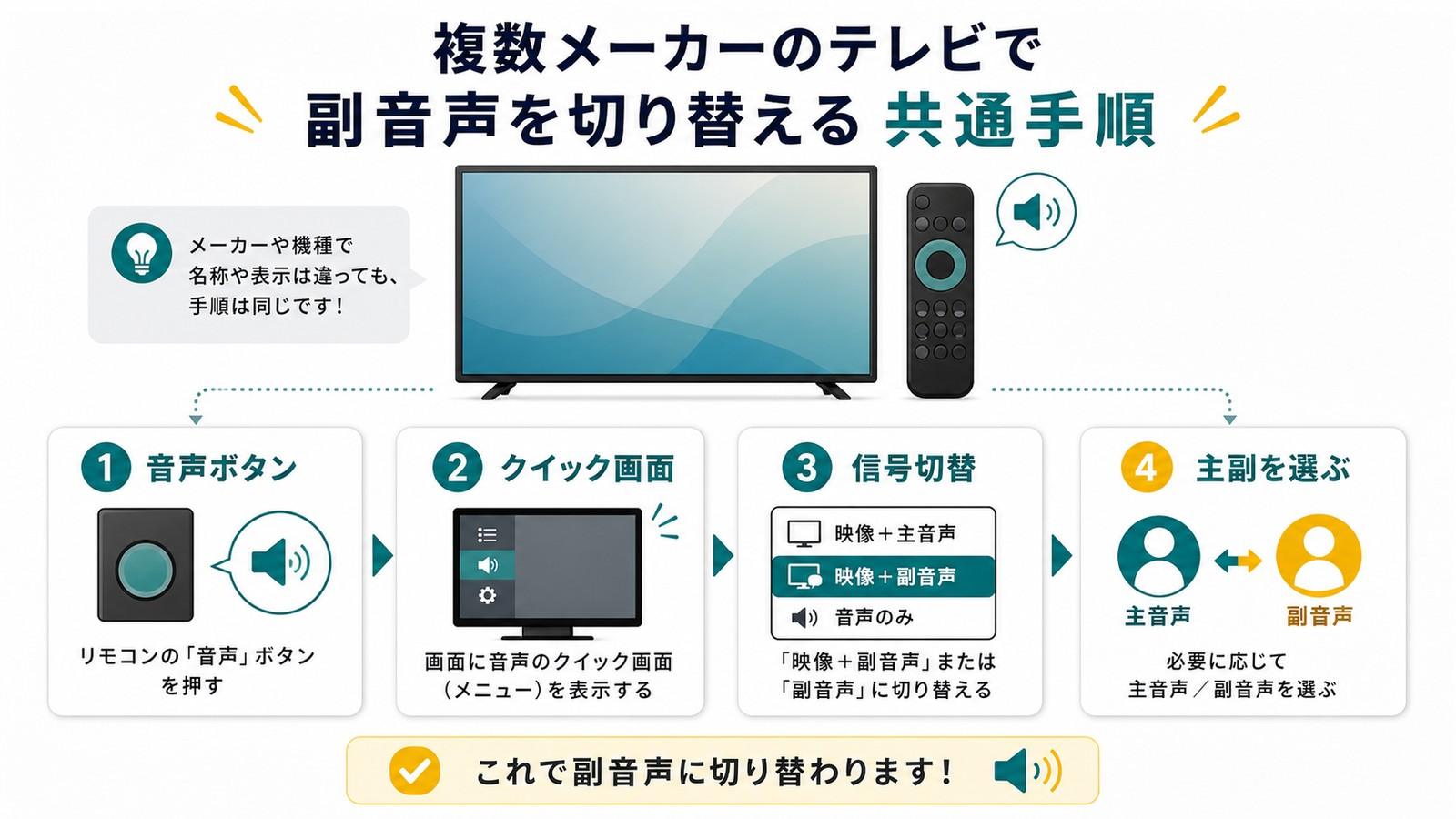 複数メーカーのテレビで音声ボタンクイック画面信号切替主副を選ぶ流れを整理した図解