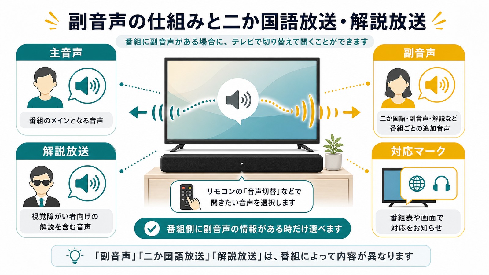 副音声の仕組みとして主音声副音声解説放送対応マークを整理した図解