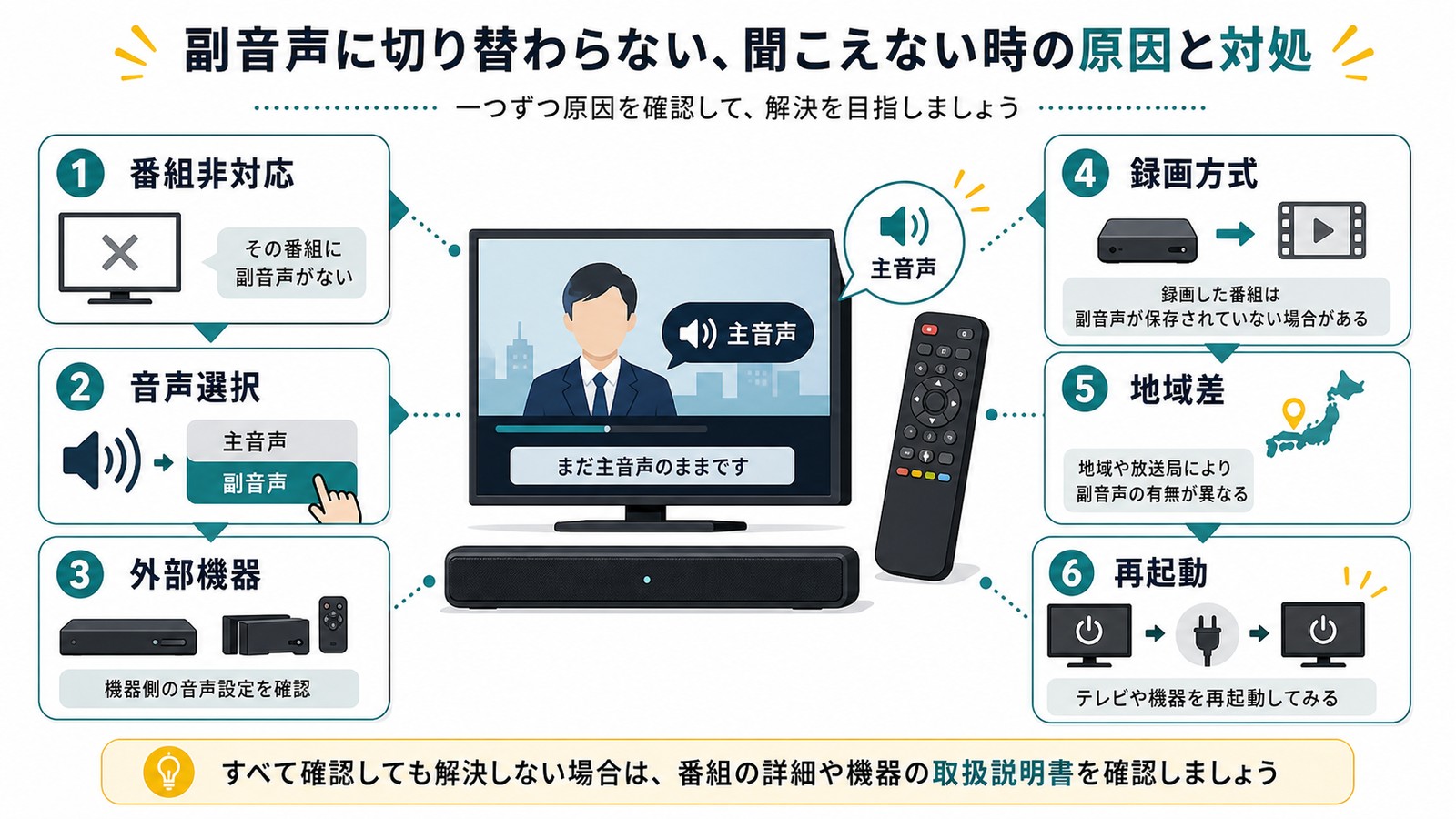 副音声に切り替わらない時に番組非対応音声選択外部機器録画方式地域差再起動を確認する図解